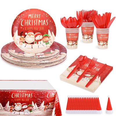 China New Christmas Stain Paper and Paper Cups New Year Party Decorations Paper Plate Tablecloths Flag-pulling Decoration Set for sale