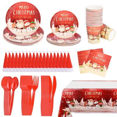 China 9inch and 7inch Hot Selling Oil-resistant Paper Plate PEVA Paper Tablecloth and Forks Kniver Plastic Spoons for Christmas for sale