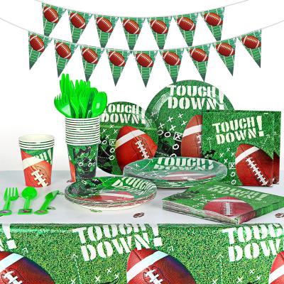 China 16 Guest Football Paper Party Supplies PEVA Tablecloth Party Paper Plate Napkins Paper Cup Banner Cutlery Set for sale