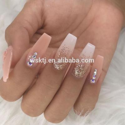 China Flexibility Customize New Fashion Pink 3D Diamonds Sparkle False Coffin Curve Nails Artificial Nails Long for sale