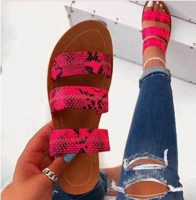 China 2021 Bright Color Durable All-match Slippers Women Ladies Shoes Snake Print Flat Sandals Flat Sandals for sale