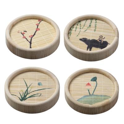 China Sustainable Wholesale Custom Wooden Flower Tea Cup Coaster Set Sublimation Drink Round Bamboo Coaster for sale