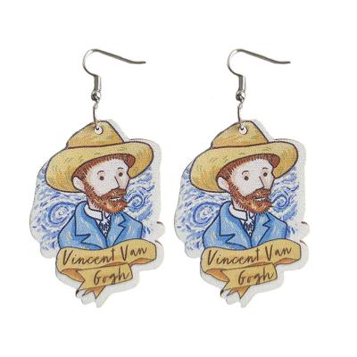 China Hot Selling FASHIONABLE Van Gogh Newton Portrait Wooden Unique Dangle Earring Jewelry for sale