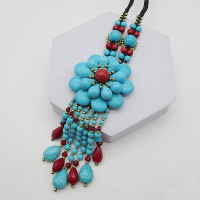 China Ethnic White Heart Turquoise Colorful Stone Beaded Layered Flowers Tassel Pendant Necklaces for sale