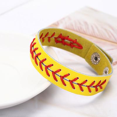 China Creative Embroidered White Heart Softball PU Button Leather Snap Bracelets for sale