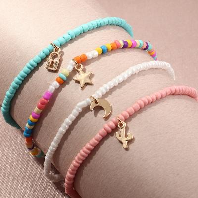 China Temperament Moon Star Multicolor Rice Cute Cute Cactus Pendant Soft Beads Anklet Chain Bracelet For Women for sale