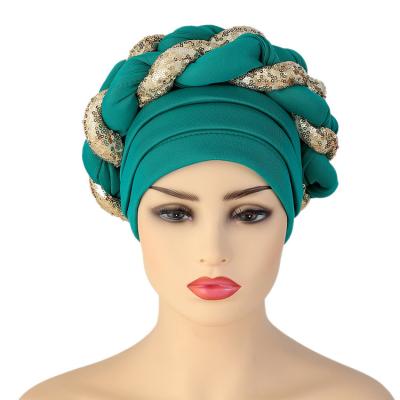 China Large Ethnic Muslim Braid Sequin Scarf Hair Turban Towel Wickeln Adult Women Headdress Hat Hair Decoration For Ladies for sale