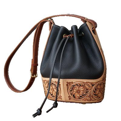 China Handmade Genuine Leather Bucket Bag Hand Carving Leather Shoulder Bag For Women for sale