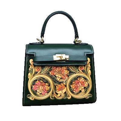 China Handmade Leather Bag Handmade Engraved Leather Carved Genuine Leather Handbag for sale