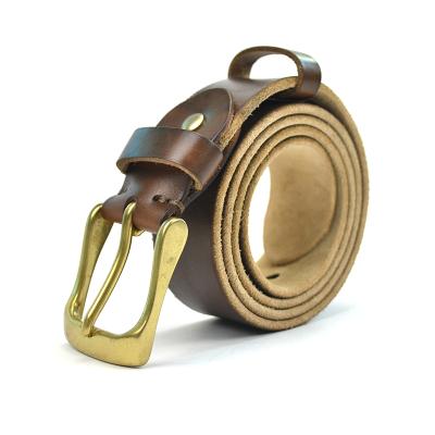 China Leisure In Stock Belt 38mm Low MOQ Old Brass Buckle Fashion Genuine Leather Solid Belt For Men for sale