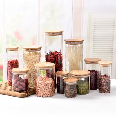 China Wholesale Kitchen Borosilicate Glass Jars Canister Container Office Storage Airtight Freshness Keeping Empty Food With Bamboo Wooden Lid Bulk for sale