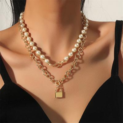 China High Quality Factory Wholesale All-match Cheap Gold Plated Jewelry Padlock Pearl Pendant Layered Necklace for sale