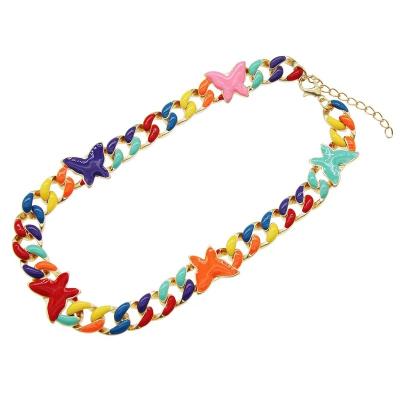 China New Design High Quality Summer Colorful Epoxy Butterfly Spring Cuban Link Chain Necklace For Women for sale