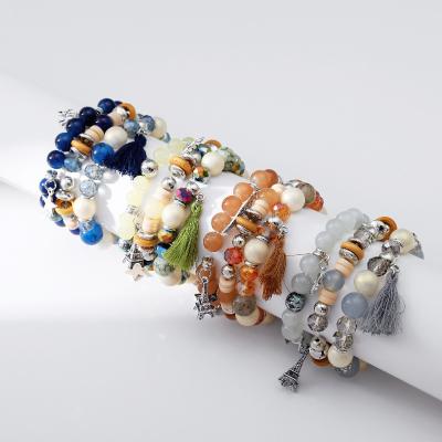 China Factory Original High Quality Colorful Tassel Stretch Bead Pendant Multilayer Bead Bracelet Sets for sale