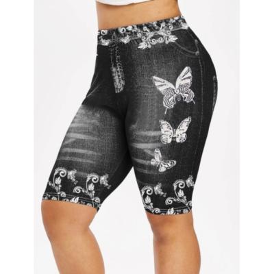 China New Women's Fashion 3D Breathable Butterfly Floral Print Denim Shorts Gaiters Plus Size Jeggings Shorts Gaiters for sale