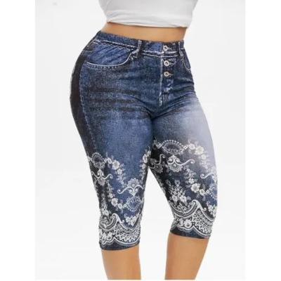 China NEW Women's Breathable Fashion Plus Size 3D Denim Print Capri Jeggings Floral Leggings Pants for sale