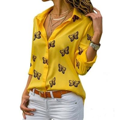 China NEW Fashion Women's Loose Collar Shirt Lapel Shirt Long Sleeve V-Neck Breathable Butterfly Print Top Casual Blouse Plus Size for sale