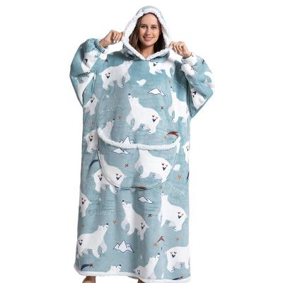 China Wearable Custom Design Warm Plush Blanket Hoodie Flannel Long Sleeve Sherpa Hoodie Covers Cute Printed Lengthened Wearable Blankets for sale