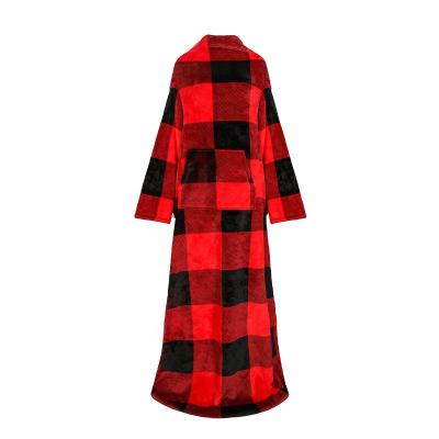 China Wearable Red Checked Printed Fleece Blanket Wearable Blanket Hoodie Wearable Blankets With Sleeves And Large Kangaroo Pocket for sale