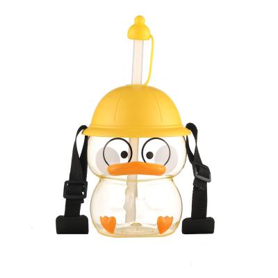 China Small Cute Yellow Duck Water Bottle For Students Creative Cartoon Children's Cup Large Capacity Portable Strap Straw Cup for sale