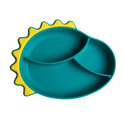 China 2023 Dinosaur Shaped Silicone Dish Sustainable For Kids Baby Dish With Sucker At The Bottom for sale