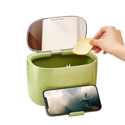 China Portable Desktop Trash Can With Phone Holder Mini Pressing Automatic Waste Bin for sale