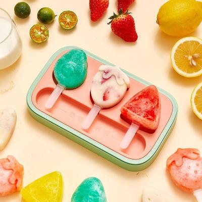 China DIY Cartoon Fruit Shape Ice Cream Mold 3 grids Silicone Popsicle Mold Food Grade Ice Mould with Seal lid for sale