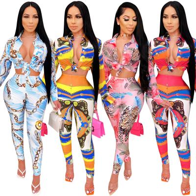 China Breathable Women Design Clothes Two Piece Joggers Set Printed Color Long Sleeve Clothing Outfits Wrap Cropped Trousers Pants for sale