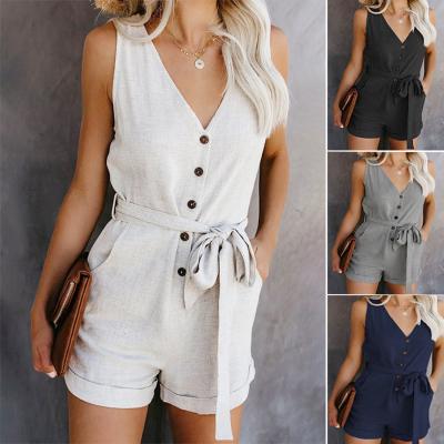 China 2021 Summer High Quality Breathable Overalls V-neck Casual Romper Solid Color Women With Sashes Short Overalls for sale