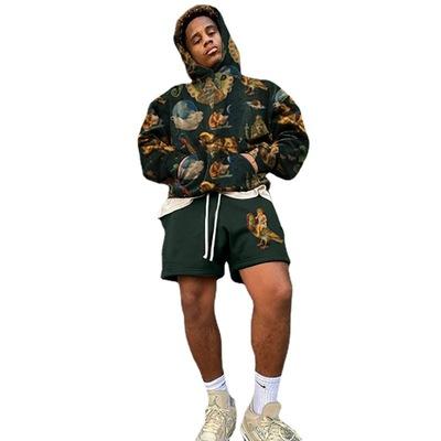 China Autumn breathable fashion men's long sleeve hoodie shorts long printed suit retro hip-hop style two-piece sets for sale