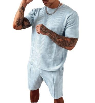 China Breathable Men's Casual Solid Color Embossed Short Sleeve Suit Shorts Two Piece Suit Plus Size Sportswear for sale