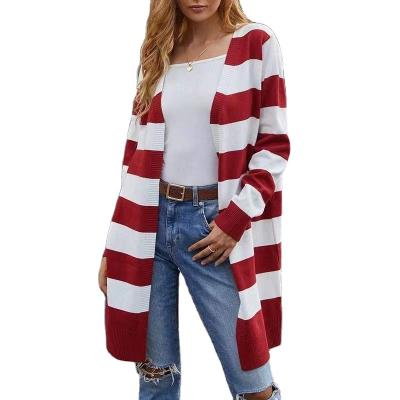 China Manufacturer Direct Breathable Feature Women's Acrylic Knitted Striped Cardigan V-Neck Jacket for sale