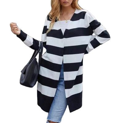 China Multi Colored Acrylic Material Daily Breathable Long Autumn Women Striped Casual Style Cardigan Factory Price for sale