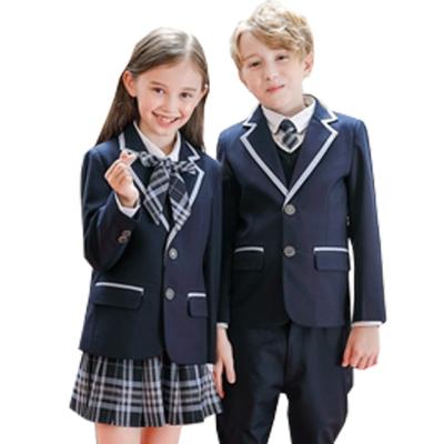 China New Arrival School Design Kindergarten Kindergarten Burgundy Navy Blue Blazer School Uniform Set With Plaid 7 Pleated Skirt Collocation for sale