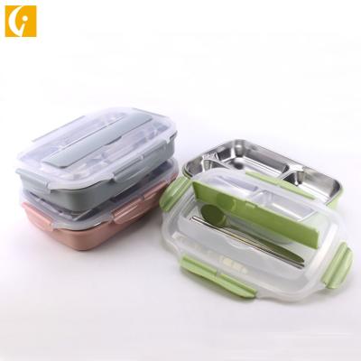 China Sustainable 304 Stainless Steel Lunch Box Student Bento Food Tray Plate Four-Compartment With Plastic Cover for sale