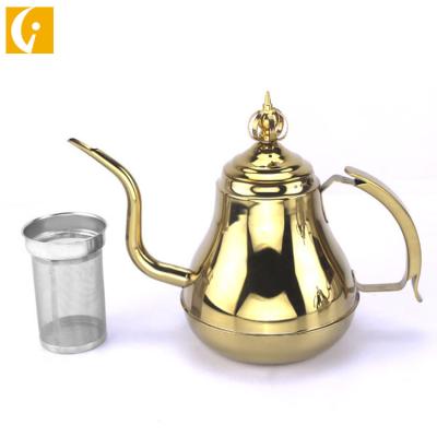 China 201 Stainless Steel Gooseneck Teapot Arabic Teapot Luxury Golden Coffee Drop Pot With Strainer for sale