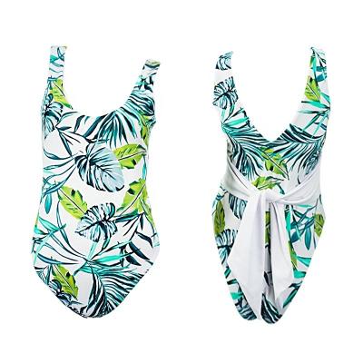 China Back Plunge Tie Waist Plus Size Palm Leaf Palm Leaf Tropical Halter Bikini for sale