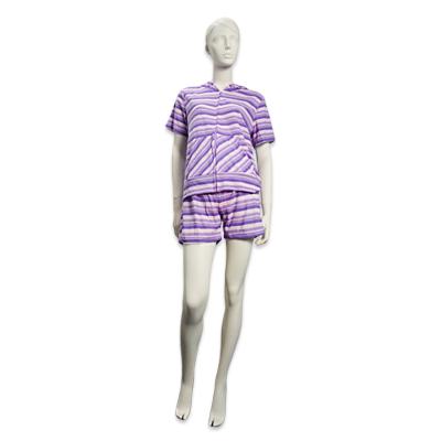 China Summer Spring Women Breathable Hoodies Suit Purple Stripe Pajamas Sets Short Pants for sale