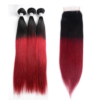 China Silky Straight Wave Ombre 1B 99j Remy Human Hair Extensions 3 Bundles With Closure For Burgundy Color for sale