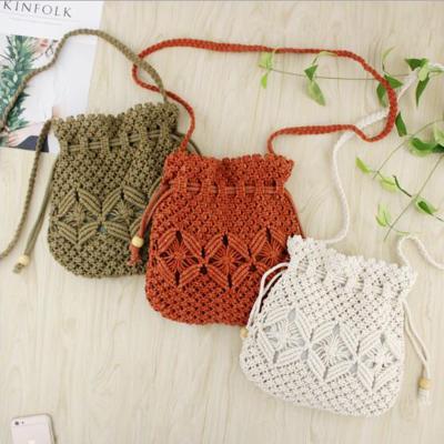 China Bohemian Mini Purse Shoulder Bag Macrame Pattern Hanging Bucket Drawstring Bag for sale