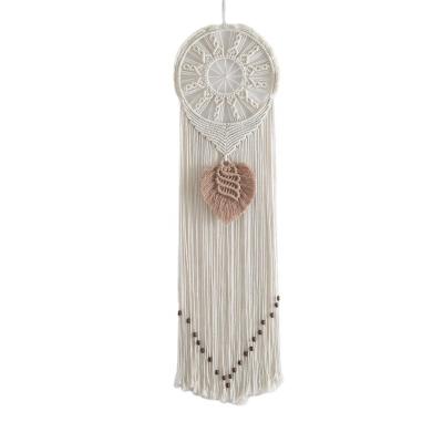 China Rustic Round Circle Crochet Home Decor Dream Wheel Macrame Catcher with Long Tassel and Leaf for sale