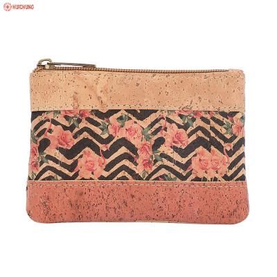 China Waterproof Natural Color Cork Purse Zipper Clutch Bag Cork Wallet With Flower Printing for sale