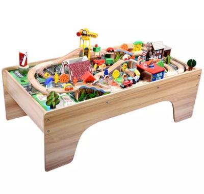 China 2022 Hot Selling 118pcs Kid Beech Wooden Train Table Set Toys Railway Track With Table LST-009 for sale