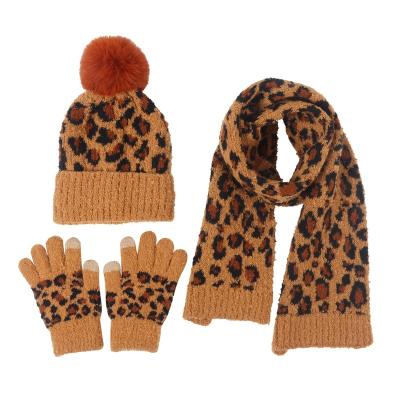 China Long New Winter Beanie Hat and Scarf and Gloves Pompom Hat 3 Piece Leopard Print Warm Suit for Kids and Baby 4-8YY for sale