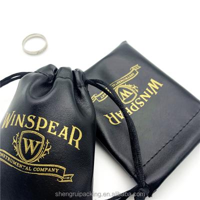 China Recyclable Black Leather Drawstring Pouch Small PU Leather Jewelry Pouch For Ring for sale