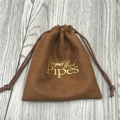 China Gift Suede Pouch, Hot Stamping Gold Logo Brown Suede Drawstring Packaging Bag for sale