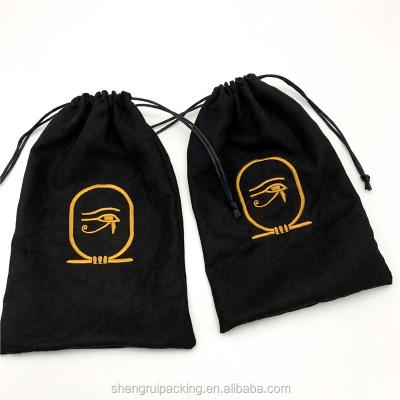 China Soft Black Drawstring Suede Tarot Cards Drawstring Bag With Embroidery Logo for sale