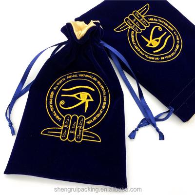 China Recyclable 15 x 23 Blue Velvet Drawstring Tarot Bag, Custom Embroidered Velvet Dice Drawstring Pouch Bag for sale