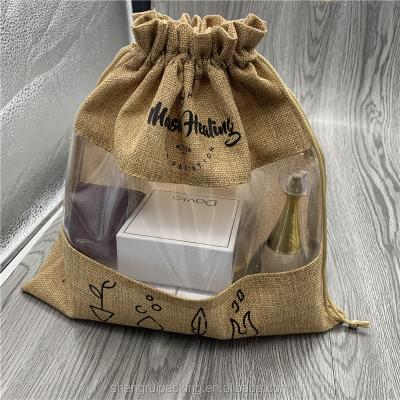 China Drawstring PVC Window Hessian Burlap Drawstring Bag For Cosmetic for sale