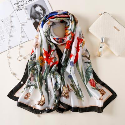 China Holiday Decoration Fashion 180 x 90Cm Luxury Daffodil Printed Silk Women's Scarf Sunscreen Decorative Shawl Scarf for sale